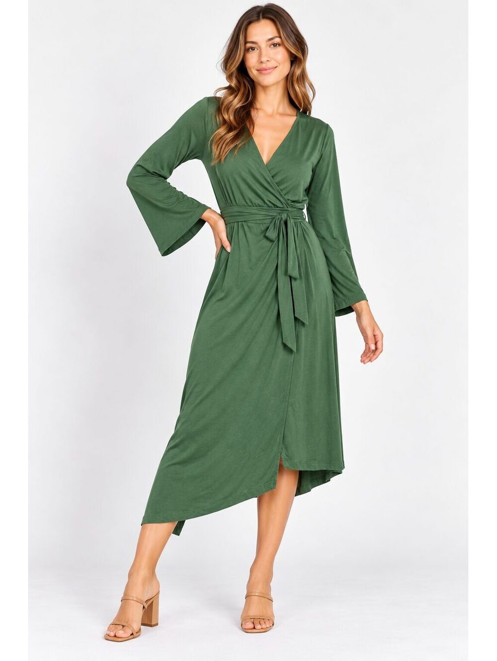 Buzzoms Green Wrap Midi Dress Long Sleeve Asymmetrical Hem Size M